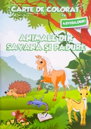 Carte de colorat cu abtibilduri. Animale din savana si padure.