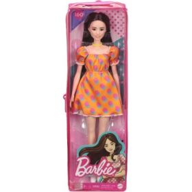 Papusa satena cu rochita portocalie cu buline, Barbie
