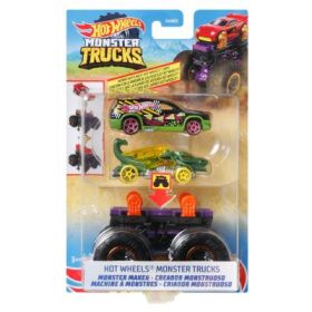 Camion Monster Truck cu Masinute Verde si Negru, Hot Wheels
