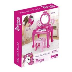 Masuta de machiaj cu oglinda, roz - unicorn + 15 accesorii