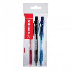 Pix cu mecanism Stabilo Liner 308, M, 0. 45 mm, 3 culori/blister eco, albastru, negru, rosu