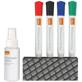 Kit pentru tabla NOBO, 4 markere diverse culori, burete magnetic, spray curatare 50 ml