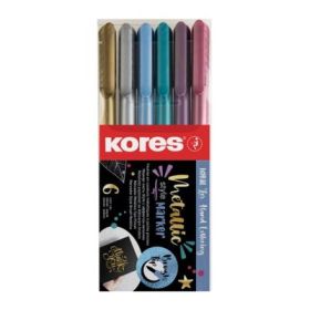 Set 6 markere permanente metalice Kores, varf tip pensula, in blister