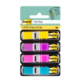Index mini Post-it®, 11,9 mm x 43,2 mm, 4 culori asortate in dispenser, 24 file/culoare