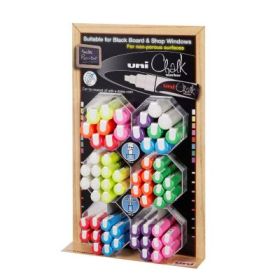 Display 60x Marker creta UNI Chalk, 16x PWE-8K, 44x PWE-5M, diverse culori