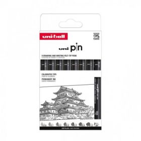 Set 8x Liner UNI PIN-200 ASP010, pe baza de apa, varf 0. 03-1. 2mm + pensula, negru