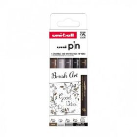 Set 5x Liner UNI PIN-200 ASP014, pe baza de apa, varf pensula + pensula extra-fin, negru, gri deschis, gri inchis, sepia
