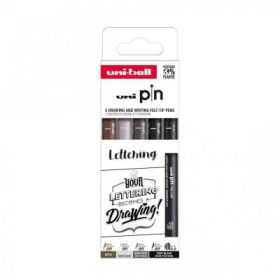 Set 5x Liner UNI PIN-200 ASP012, pe baza de apa, varf 0. 8mm + pensula, negru, gri deschis, gri inchis, sepia