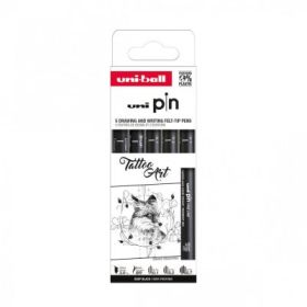 Set 5x Liner UNI PIN-200 ASP018, pe baza de apa, varf 0. 4-1. 2mm + pensula + tesit 3. 0mm, negru