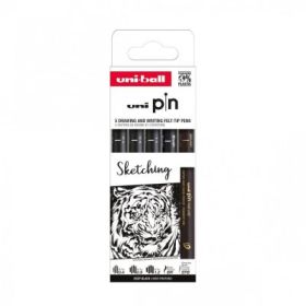 Set 5x Liner UNI PIN-200 ASP017, pe baza de apa, varf 0. 4-1. 2mm + pensula + pensula extra-fin, negru