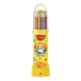 Creioane colorate Keyroad KR972229, triunghiulare, 24 culori, cutie metalica cu ascutitoare