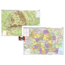 Romania. Harta fizico-geografica si a resurselor naturale de subsol si Romania. Harta administrativa si a principalelor cai de comunicatie Duo Plus 140x100 cm CR-3101DPB