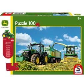 Puzzle 100 piese, John Deere - Tractor 7310R si combina de recoltat 8600i + Cadou: macheta Siku, Schmidt