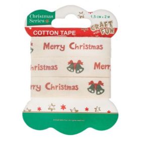 Banda decorativa - Merry Christmas, 1. 5cm x 2m, bumbac, alb, Craft with Fun, Cotton Tape