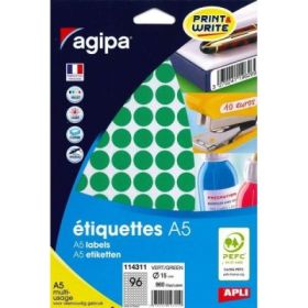 Etichete autocolante Agipa 114311, 96/A5, 15mm, permanente, rotunde, verzi, top 10 coli (960 buc)