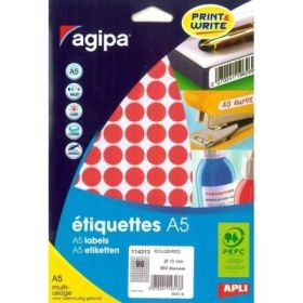 Etichete autocolante Agipa 114313, 96/A5, 15 mm, permanente, rotund, rosu, top 10 coli (960 buc.)