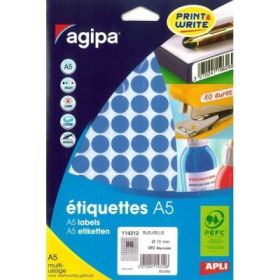 Etichete autocolante Agipa 114312, 96/A5, 15 mm, permanente, rotund, albastru, top 10 coli (960 buc.)