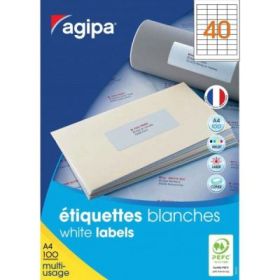 Etichete autocolante Agipa 100984, 40/A4, 52. 5x29. 7 mm, permanente, colturi drepte, alb, top 100 coli (4000 etichete)