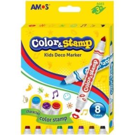 Carioci colorate Amos CS8P, 2 capete, 8 culori, cu stampile, blister carton