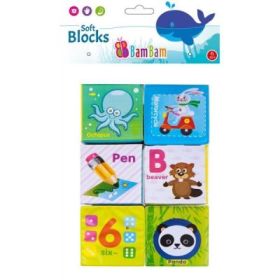 Jucarie de baie bebelusi, cuburi moi cu animale, cifre si litere, set 6 buc.,- Bam Bam 432485, 6+ luni