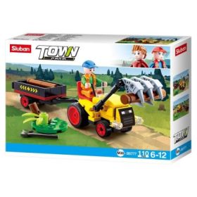 Set de constructie Farm, 110 piese, Tractor cu remorca lemne, Sluban